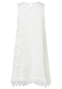 Ärmelloses weißes Spitzenkleid mit Blumenmuster, Ausschnitt mit Schlüsselloch und gerafftem Saum.