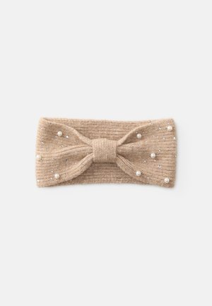 Beige knitted headband featuring a bow at the center, adorned with small pearls and rhinestones for added detail.
