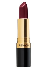Rouge à lèvres Revlon dans un tube doré et noir. Riche teinte bordeaux avec une texture lisse. Le nom de la marque est inscrit sur la section dorée.