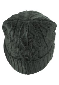 Căciulă tricotată de culoare gri închis, cu margine ribbed și un model texturat care seamănă cu zigzaguri și diamante pe partea de sus. Se potrivește confortabil și strâns.