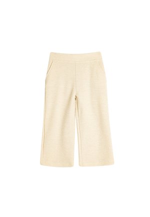 Beige weite Hosen aus strukturiertem Stoff, mit einem dehnbaren Bund und zwei seitlichen Taschen. Maßgeschneiderte Gestaltung mit einem sauberen Finish.