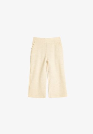 Beige wijde broek van textuurstof, met een elastische tailleband en twee zijzakken. Tailored design met een nette afwerking.