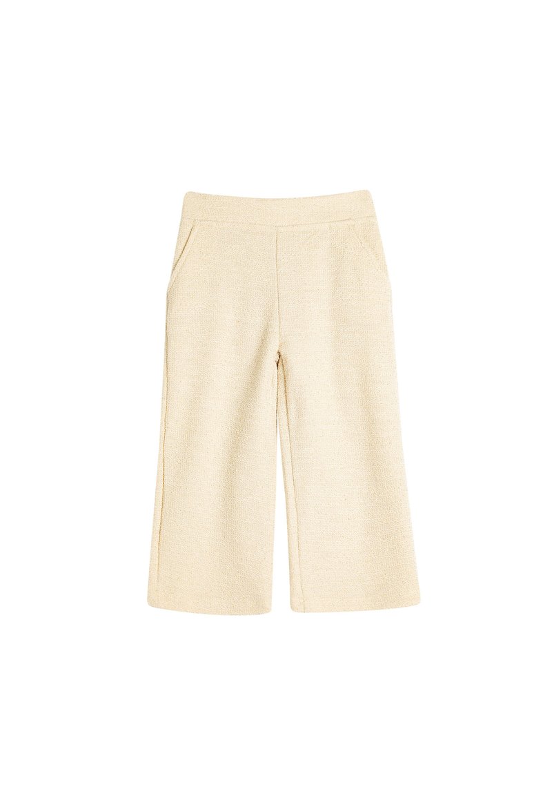 Beige weite Hosen aus strukturiertem Stoff, mit einem dehnbaren Bund und zwei seitlichen Taschen. Maßgeschneiderte Gestaltung mit einem sauberen Finish.