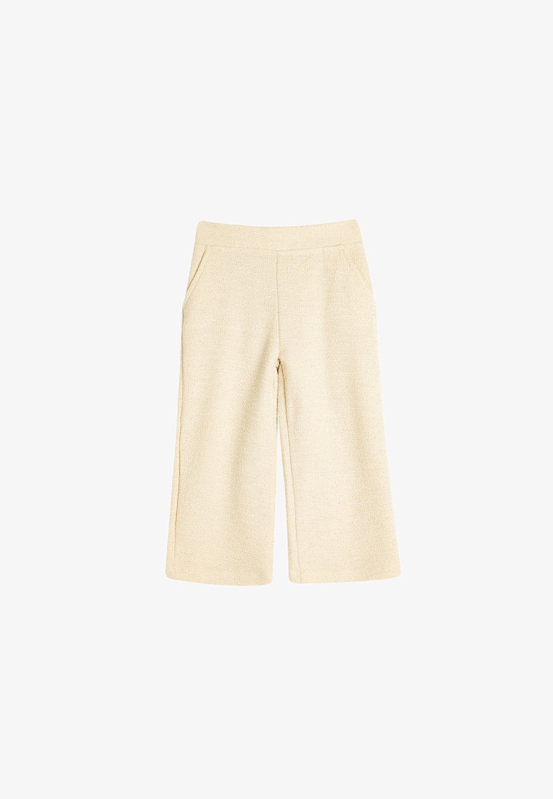 Beige wide-leg pants made from textured fabric, featuring a stretchy waistband and two side pockets. Tailored design with a clean finish.