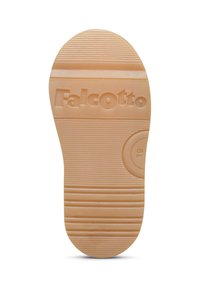 Suola delle scarpe Falcotto, in gomma beige con scanalature orizzontali, accentuazione circolare e logo impresso sulla superficie, progettata per offrire aderenza e durata.