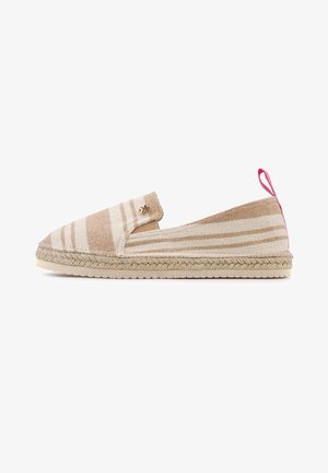Straw-colored espadrille with beige and white stripes, woven upper, jute rope sole, and pink pull tab at the heel.