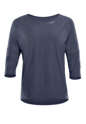 Marineblaue Bluse mit drei Viertelärmeln aus glattem Stoff. Besitzt einen runden Ausschnitt und einen leicht geschwungenen Saum. Logo auf der Vorderseite.
