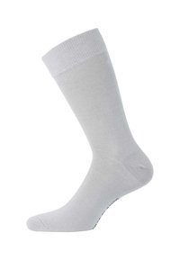 Chaussette en coton gris clair avec une bordure côtelée. Texture lisse, design mi-jambe, et bout et talon renforcés pour plus de durabilité.