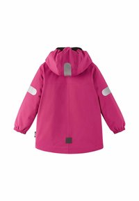 Børns lysende pink hættejakke med refleksstriber på hætten og ærmerne, elastiske manchetter og et lille logo-patch nederst på ryggen.