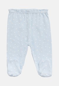Leggings de algodón en azul claro para bebés, con una cintura elástica y estampado de aves blancas. Presentan un diseño con pies para mayor calidez y comodidad.