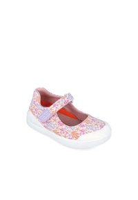 Zapato Mary Jane en tela con un patrón en rosa y naranja, con suela de goma blanca y correa. El interior cuenta con un suave forro en naranja.