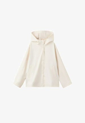 Slonokožna jakna s kapuco in dolgimi rokavi, z zasideknimi gumbi spredaj in dvema vertikalnima stranskima žepoma.