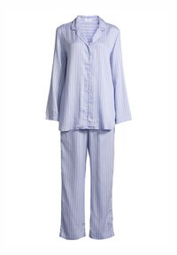 Ljusblå randig pyjamas med långärmad skjorta med knäppning och matchande byxor. Tillverkad av mjukt tyg, har en klassisk krage och raka ben.