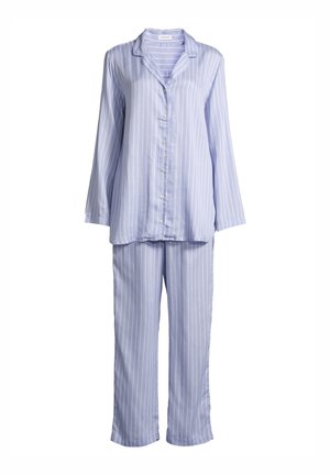 Vaaleansininen raidoitettu yöpuku, jossa on pitkähihainen napillinen paita ja yhteensopivat housut. Valmistettu pehmeästä kankaasta, sisältää klassisen kauluksen ja suorat lahkeet.