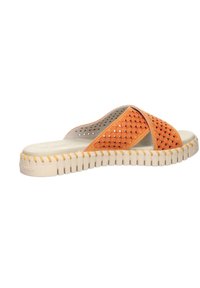 Talonnière orange avec un motif de vagues découpé, tige texturée douce et une semelle en caoutchouc blanche avec un design rainuré pour l'adhérence.