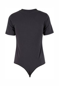Czarny bodysuit z krótkim rękawem, wykonany z gładkiego, elastycznego materiału. Posiada okrągły dekolt oraz dolną część w stylu stringów o minimalistycznym designie.