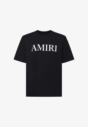 T-shirt nera a maniche corte con scollo rotondo e grande logo "AMIRI" bianco centrato sul petto.