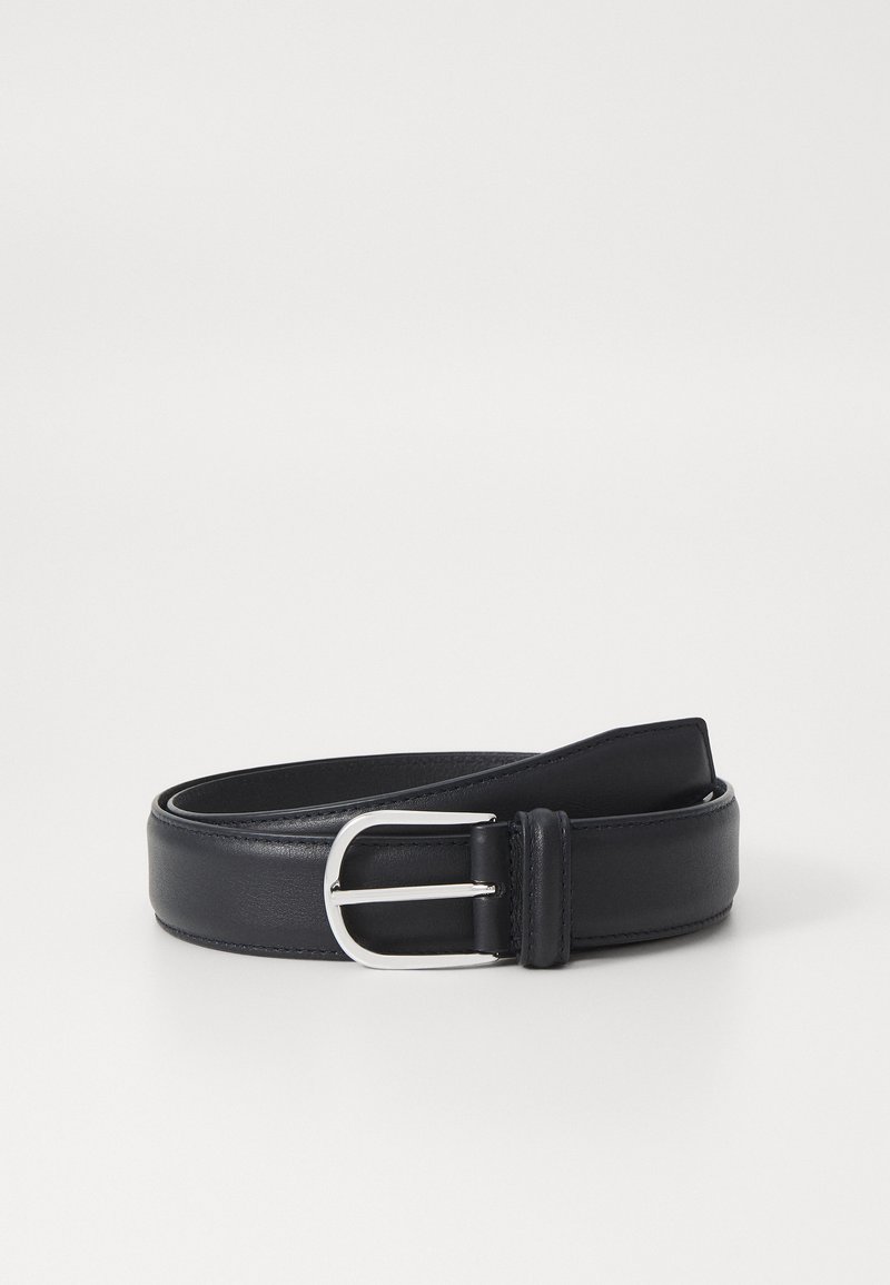 Black leather belt with a smooth texture, featuring a rectangular silver metal buckle and a stitched edge detail.