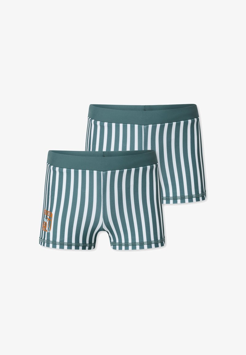 Shorts de bain à rayures turquoise et blanches avec une ceinture douce, un logo orange décoratif et une coupe ajustée pour le confort.