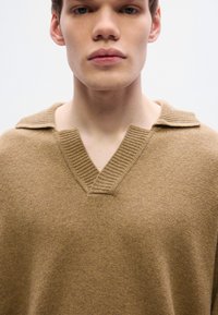 Pull-over tricoté marron avec col en V et col côtelé. Texture douce, coupe décontractée, et détail de couture visible près de l'encolure.