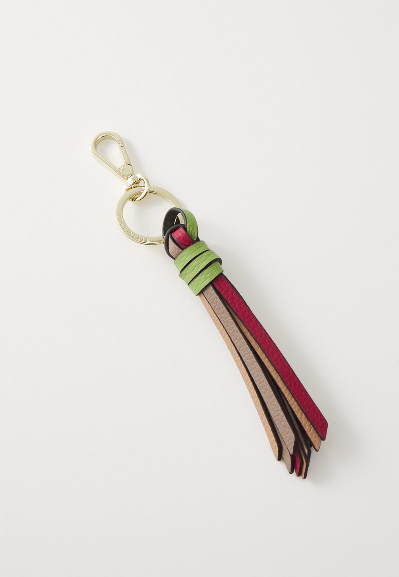 Porte-clés en cuir avec un clip en or, featuring des bandes multicolores en rouge, vert, marron et beige, et un anneau en métal doré.