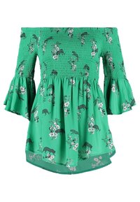 Top verde senza spalle con stampa floreale e leopardata. Corpetto arricciato, maniche a campana e orlo asimmetrico. Tessuto leggero.