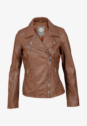 Bruine leren vrouwen bikersjack met asymmetrische voorkeursluiting, ritszakken en brede reverskraag.