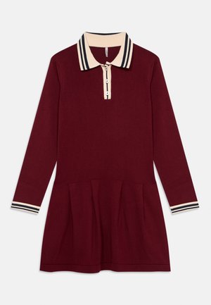 Vestito bordeaux a maniche lunghe con colletto crema caratterizzato da strisce nere, patta con tre bottoni e dettagli di gonna plissettata.