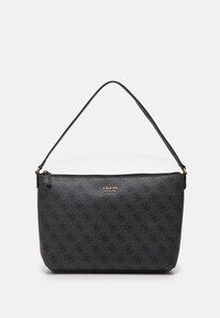 Sort syntetisk håndtaske med et mønstret ydre, guldfarvet hardware, lynlås-lukning og en enkelt rem. Har præget logo på forsiden.