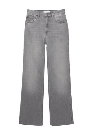 Jeans in denim grigio a gamba larga con vita alta, dotati di cinque tasche e orlo sfrangiato. Tessuto morbido con un lavaggio sbiadito per un look vintage.