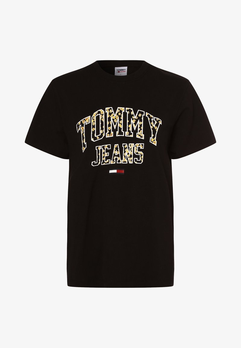 T-shirt en coton noir avec un graphisme audacieux "TOMMY JEANS" en jaune et blanc, avec un petit accent rouge, blanc et bleu au niveau de l'ourlet.