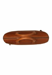 Rechteckige braune Lederhandtasche mit zwei oberen Griffen und Reißverschluss, die sichtbare Nähte und eine glatte Textur aufweist.