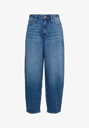 Blauwe denim jeans met een hoge taille, brede pijpen, knoop- en ritssluiting aan de voorkant, voor- en achterzakken en subtiele vervagingsdetails.