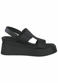 Black wedge sandals made of smooth synthetic material, featuring an open toe, cut-out design, and adjustable slingback strap.