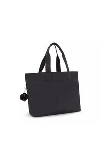 Borsa a spalla nera realizzata in tessuto texturizzato, con due manici robusti e un charm decorativo a pompon nero. Logo visibile sulla parte anteriore.