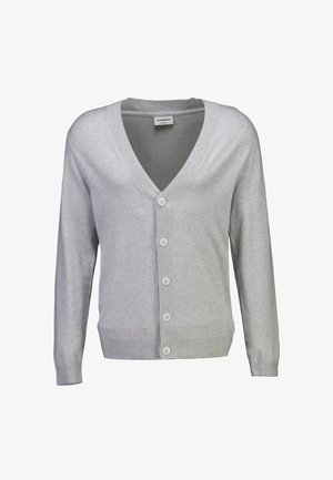 Grijze cardigan gemaakt van zachte stof. Heeft een diepe V-hals, lange mouwen en zes witte knopen aan de voorkant met geribbelde manchetten en zoom.