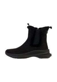 Bottines noires en suédine douce, avec un panneau latéral élastique ouvert et une doublure moelleuse, équipées d'une semelle en caoutchouc épaisse pour une meilleure adhérence.