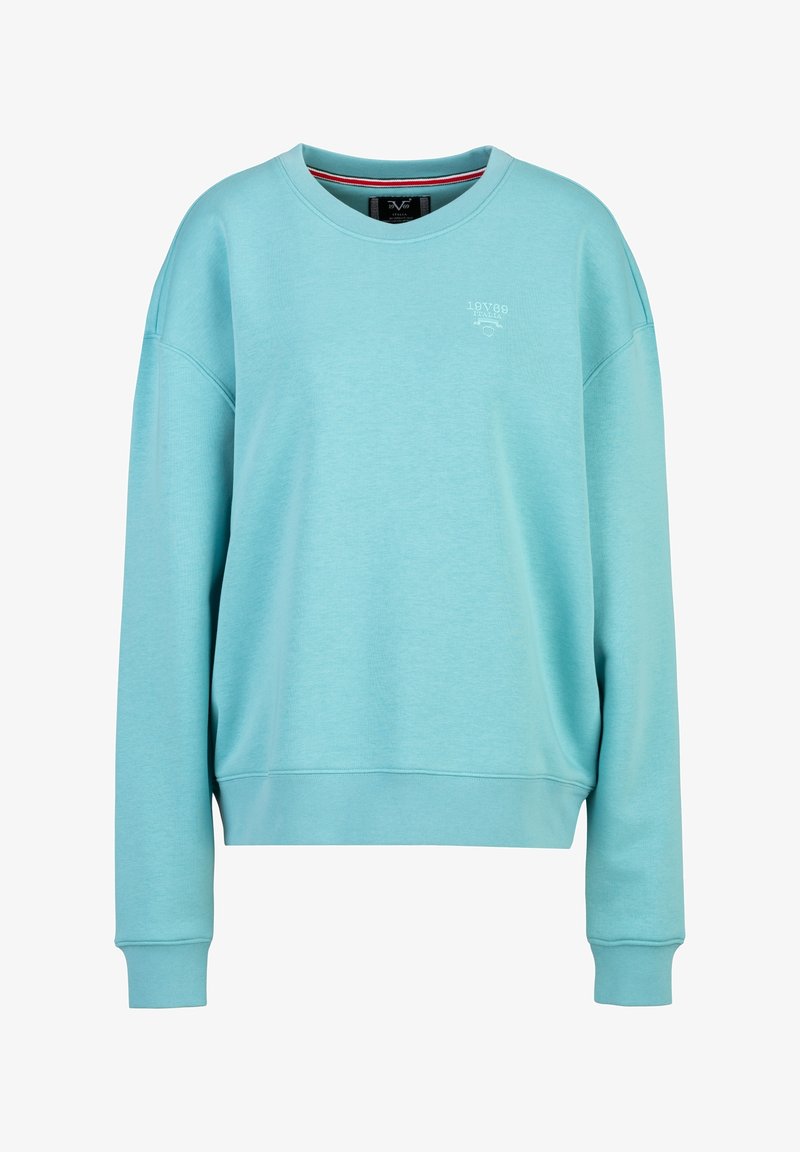 Turquoise sweatshirt met een ronde hals, dropped shoulders, ribgebreide boorden en een ribgebreide zoom. Voorzien van subtiele logo-details op de borst. Zachte stofstructuur.
