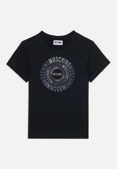 Black short-sleeve t-shirt with concentric circular text pattern repeating "MOSCHINO" in silver-gray on chest.