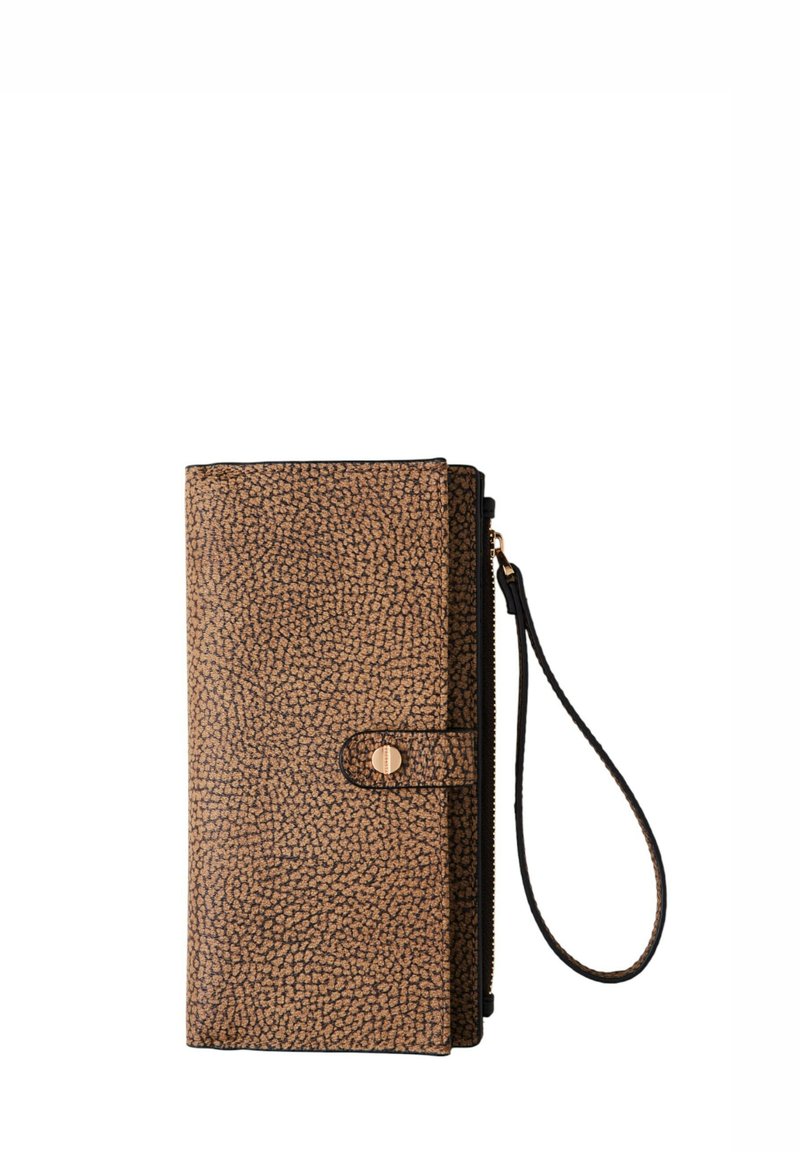 Brown textured wallet with a zip closure, gold hardware, and a detachable wrist strap. Features a snap button and sleek, rectangular design.