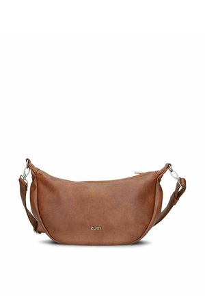 Braune Leder-Crossbody-Tasche mit gebogener Form, abnehmbarem Trageriemen, Metallverschluss und kleinem "ZWEI"-Logo in der Mitte vorne.