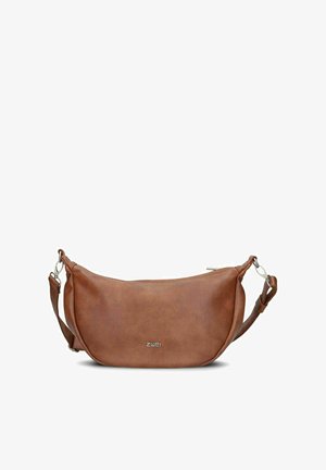Bruine leren crossbodytas met een gebogen vorm, afneembare schouderband, metalen sluiting en klein "ZWEI" logo in het midden op de voorkant.