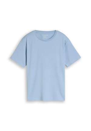 Lyseblå T-shirt med korte ærmer og rund hals med almindelig pasform, vist på en hvid baggrund.