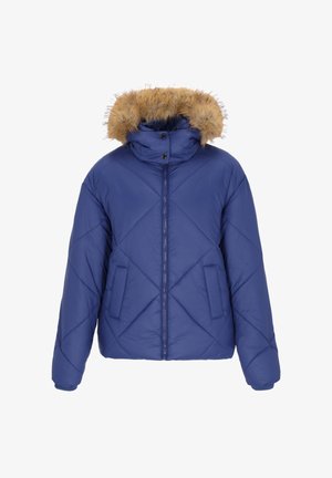 Blå pufferjakke med hætte foret med falsk pels, quiltet mønster, frontlynlås og to sidelommer. Blød tekstur og varm isolering.