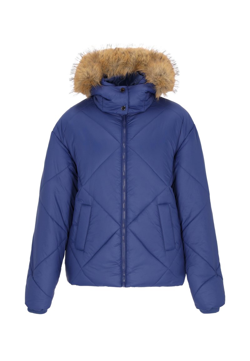 Blaue Pufferjacke mit einer Kapuze aus Kunstpelz, gestepptem Muster, frontalem Reißverschluss und zwei seitlichen Taschen. Weicher Stoff und warme Isolierung.