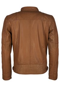 Braune Lederjacke mit gestepptem Muster an Schultern und Seiten, fitted Design und verstellbaren Seitenbändern.