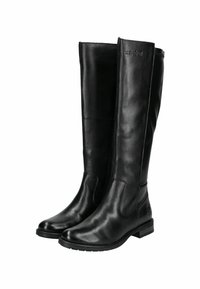 Bottines en cuir noir montantes avec une texture lisse, bout arrondi, design minimaliste et un petit talon empilé. Comprend une fermeture éclair sur le côté.