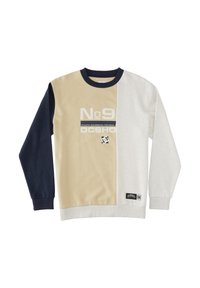 Sudadera de forro polar con bloques de color marrón, beige y azul marino. Cuello redondo, puños acanalados y estampado gráfico con texto y logotipo.