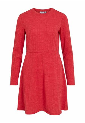Rød kjole med lange ermer og ribbestruktur, rund hals, tettsittende liv og utvidet skjørt. Laget av mykt, elastisk stoff.