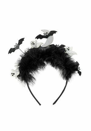 Schwarzes gefiedertes Stirnband, verziert mit glitzernden schwarzen Fledermäusen, weißen Geistern und einem silbernen Halbmond mit Fledermausflügeln für Halloween.